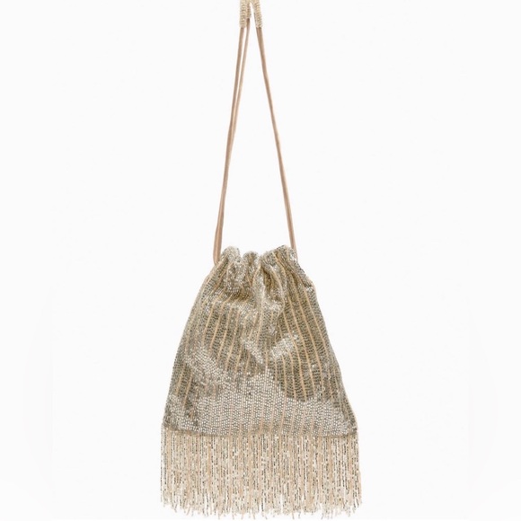 Zara Handbags - Zara Gold Beaded Fringe Drawstring Wristlet